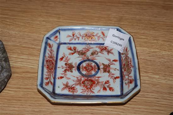 A Chinese Imari canted square dish and a small U-shaped jar, cover and stand, Kangxi period